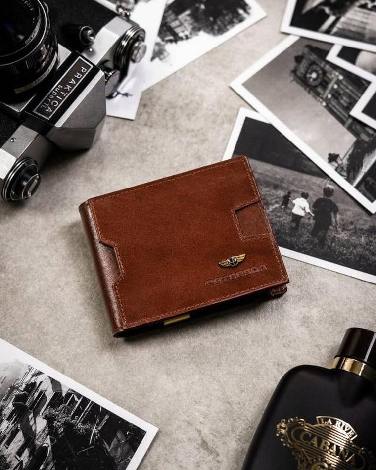 Zestaw: Portfel, Etui na karty, Brelok, brązowy, skórzany, RFID, Peterson