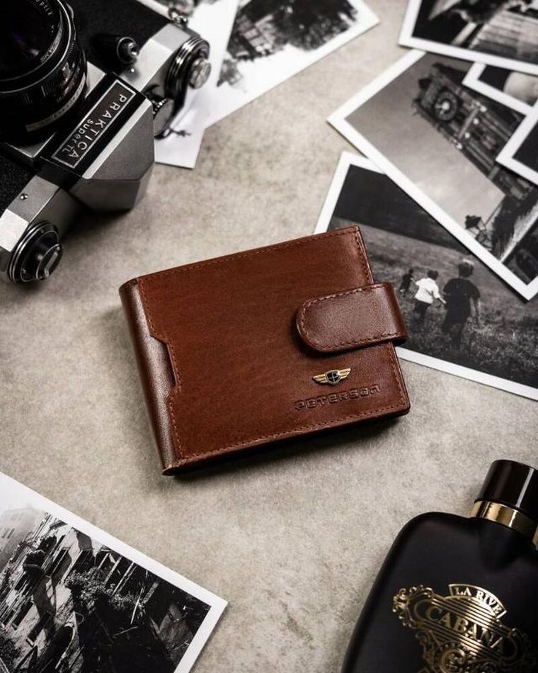 Zestaw: Portfel, Etui na karty, Brelok, brązowy, skórzany, RFID, Peterson