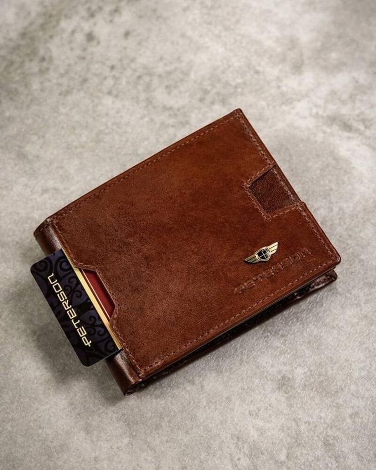 Zestaw: Portfel, Etui na karty, Brelok, brązowy, skórzany, RFID, Peterson