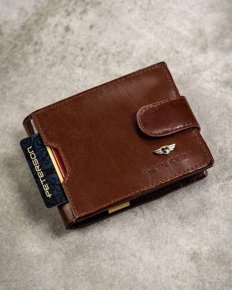 Zestaw: Portfel, Etui na karty, Brelok, RFID, brązowy, skórzany, Peterson