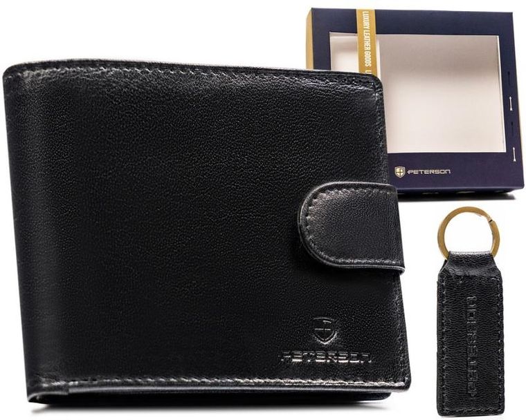 Zestaw prezentowy: Portfel, Brelok, czarny, skórzany, Peterson