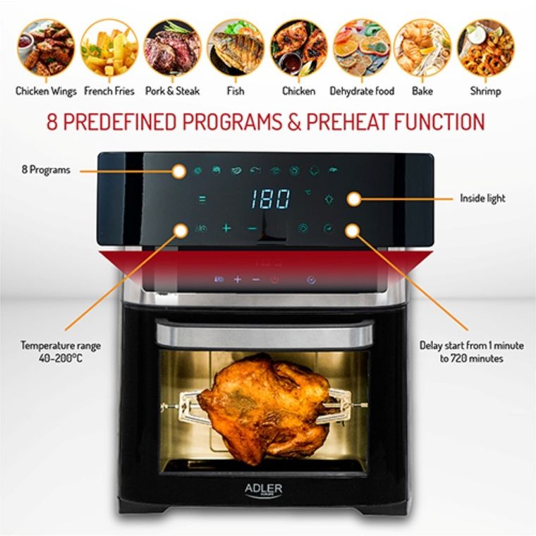 Adler, piekarnik beztłuszczowy 8w1, 13l