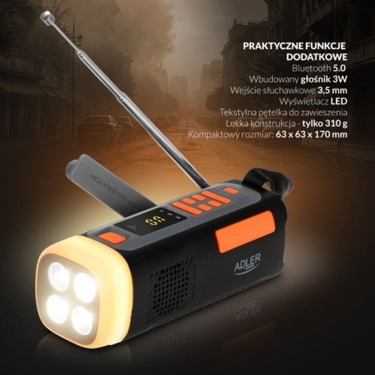 Adler, radio awaryjne, z panelem słonecznym, korbką, powerbankiem