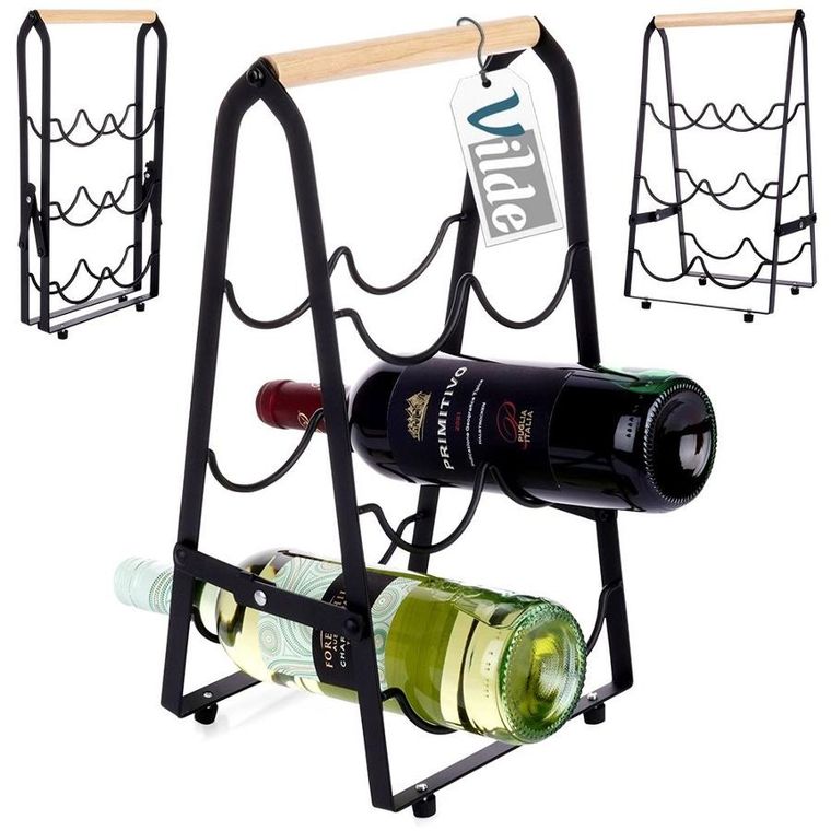 Vilde, stojak na wino, metalowy czarny, 6 butelek, 21-38 cm