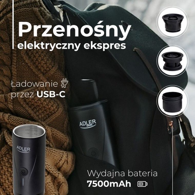 Adler, ekspres przenośny do kawy, 7500 mAh, 20 BAR, USB
