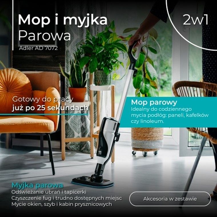 Adler, mop i myjka parowa 2w1, zestaw akcesoriów