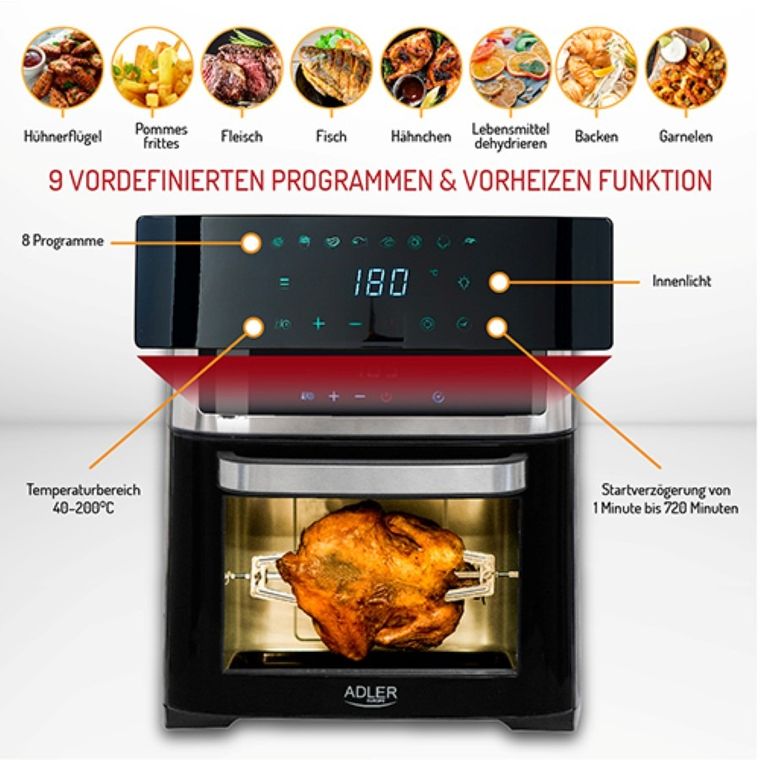 Adler, piekarnik beztłuszczowy 8w1, 13l
