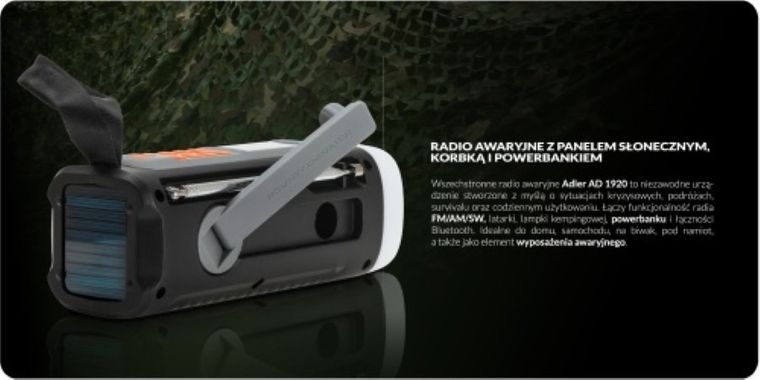 Adler, radio awaryjne, z panelem słonecznym, korbką, powerbankiem