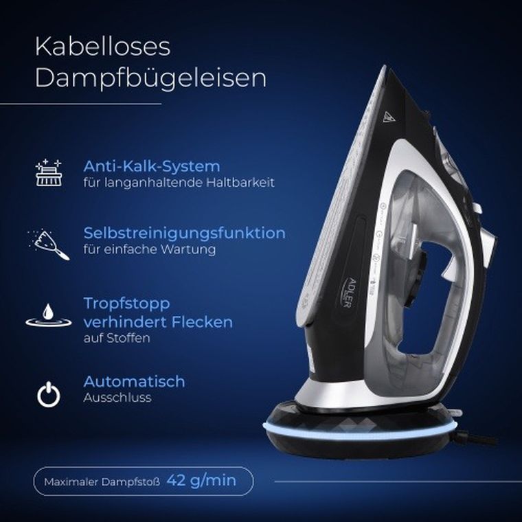 Adler, żelazko parowe, bezprzewodowe