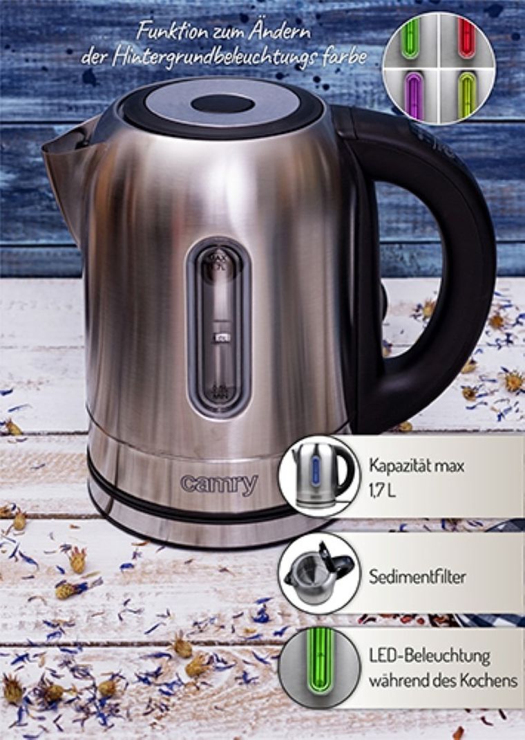 Camry, czajnik elektryczny, metalowy, 1.7 L, 2200W, CR 1253