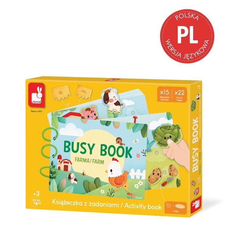 Janod, Busy Book, Farma, książeczka sensoryczna z zadaniami