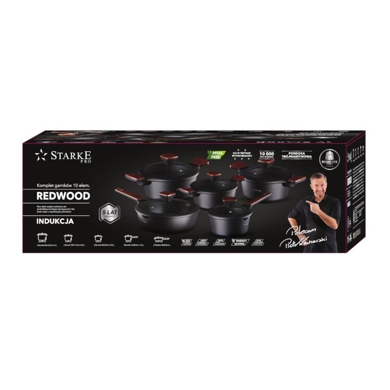 Starke Pro, Redwood, zestaw garnków z pokrywką i patelnia, 10 elementów
