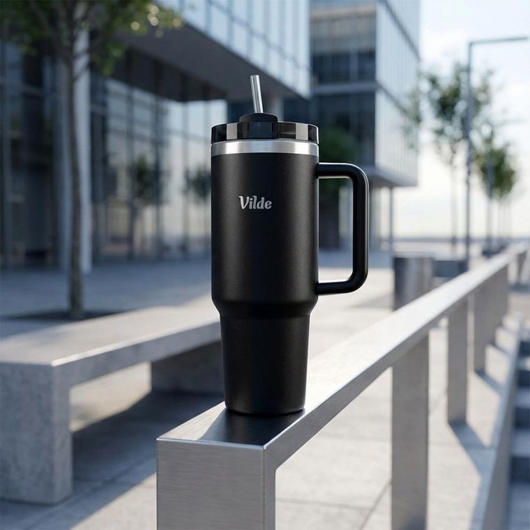 Vilde, kubek termiczny, stalowy, czarny z uchwytem, 1,2l