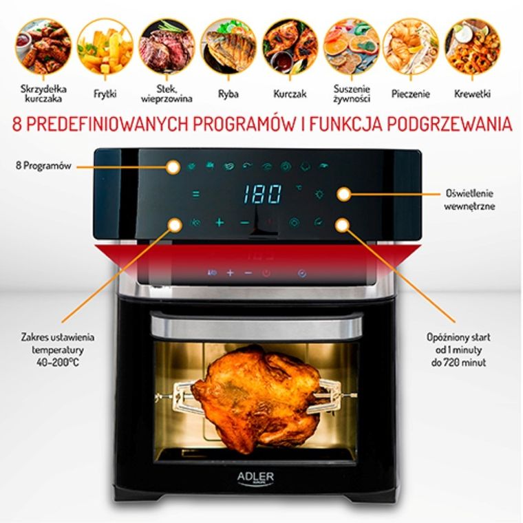Adler, piekarnik beztłuszczowy 8w1, 13l