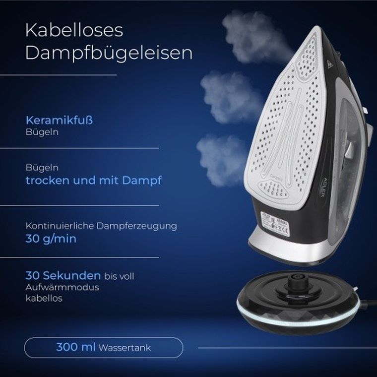 Adler, żelazko parowe, bezprzewodowe