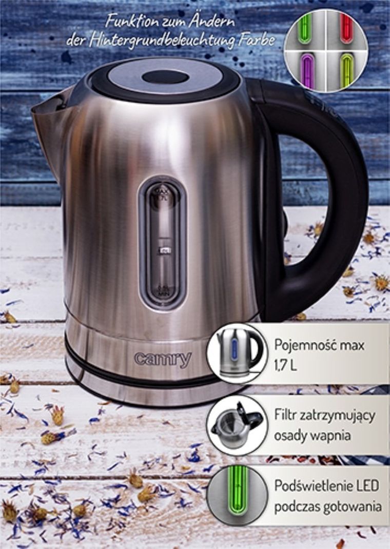 Camry, czajnik elektryczny, metalowy, 1.7 L, 2200W, CR 1253