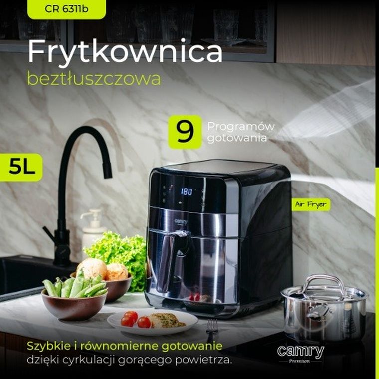 Camry, frytkownica beztłuszczowa, air fryer, 9 programów, 5l
