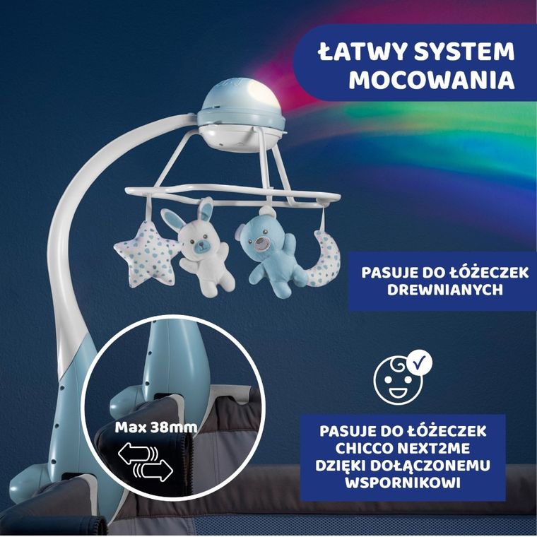 Chicco, First Dreams, karuzela do łóżeczka, 3w1, rainbow, niebieska