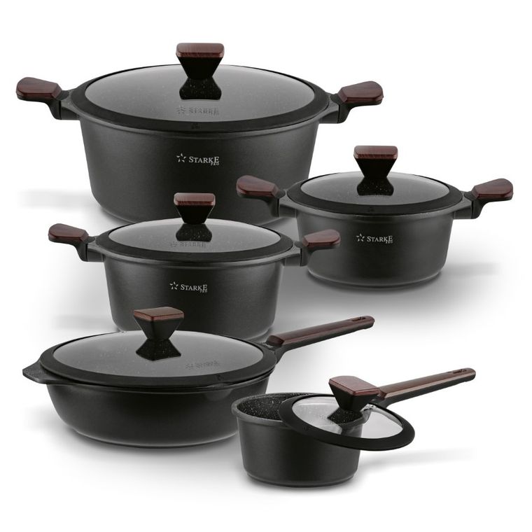 Starke Pro, Redwood, zestaw garnków z pokrywką i patelnia, 10 elementów