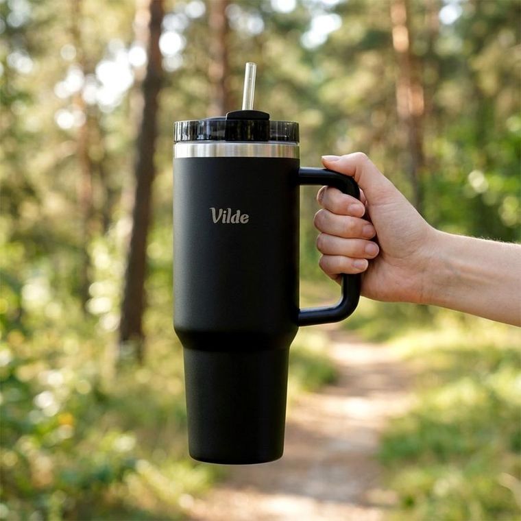 Vilde, kubek termiczny, stalowy, czarny z uchwytem, 1,2l