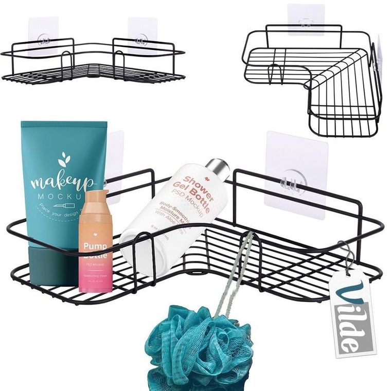 Vilde, półka pod prysznic, metalowa czarna, przyklejana, 26.5-26.5-6.5 cm