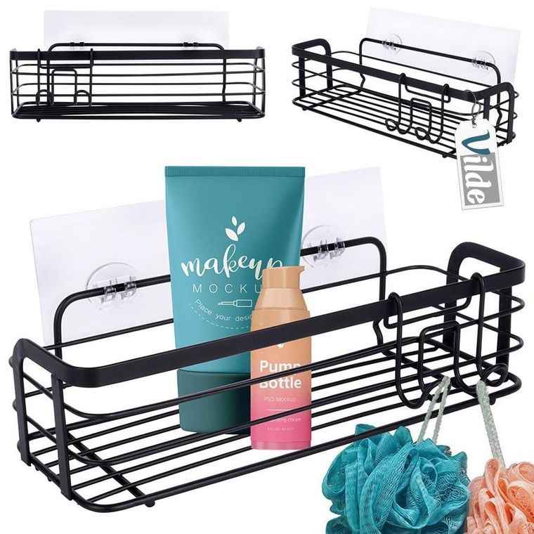 Vilde, półka pod prysznic, metalowa czarna, przyklejana, 29.5-10.5-8 cm