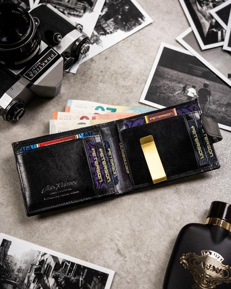 Zestaw: Portfel, Etui na karty, Brelok, czarny, skórzany, RFID, Peterson