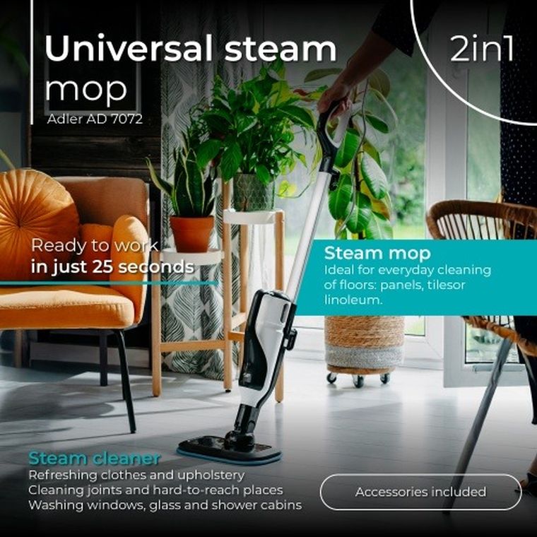 Adler, mop i myjka parowa 2w1, zestaw akcesoriów