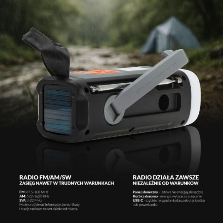 Adler, radio awaryjne, z panelem słonecznym, korbką, powerbankiem