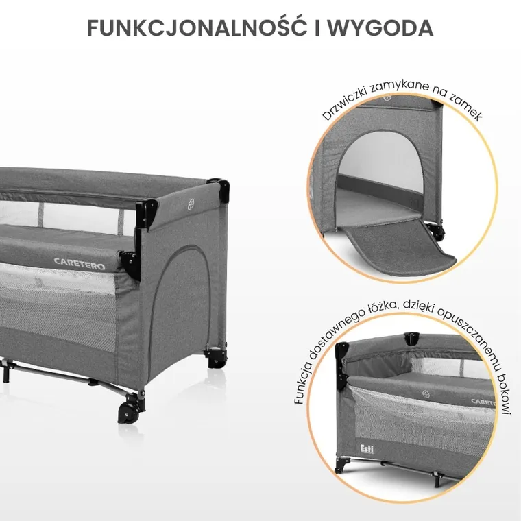 Caretero, Esti, łóżeczko turystyczne z funkcją dostawki, graphite
