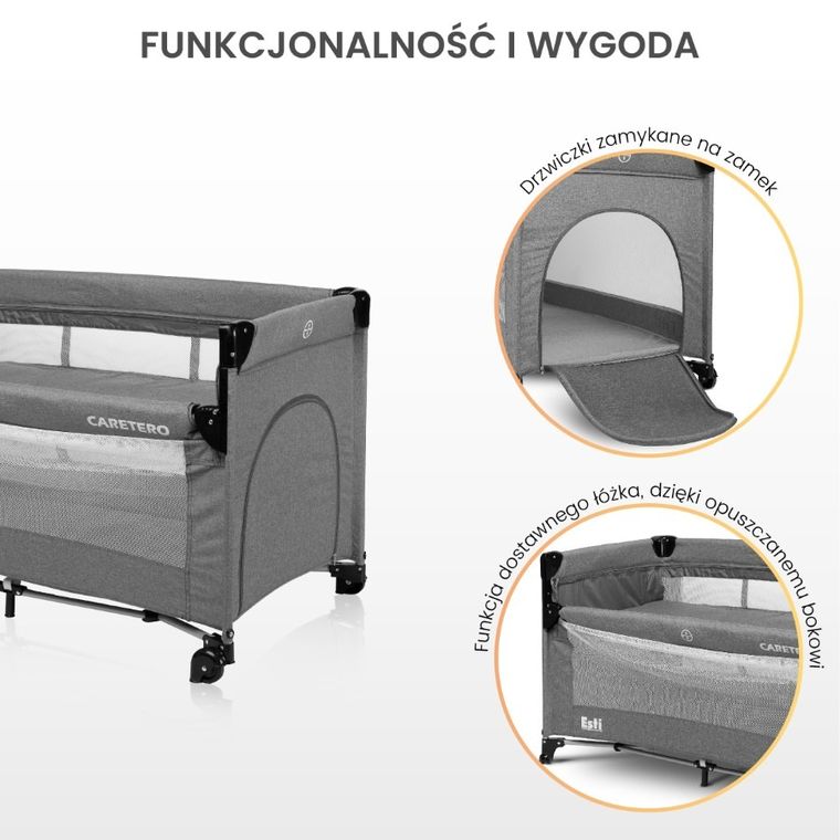 Caretero, Esti, łóżeczko turystyczne z opuszczanym bokiem, Black