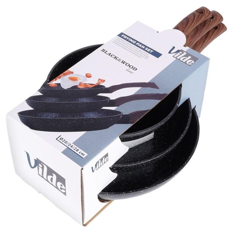 Vilde, Black & Wood, zestaw patelni, 20/24/28 cm, 3 szt.