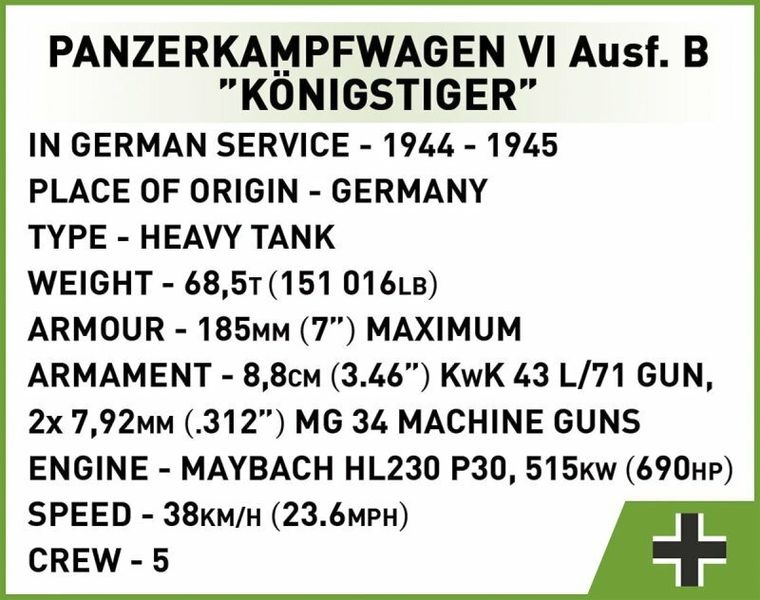 Cobi, Historical Collection WWII, Niemiecki czołg ciężki Panzer VI Ausf. B Königstiger Tygrys Królewski, 1:35, klocki, 802 elementy