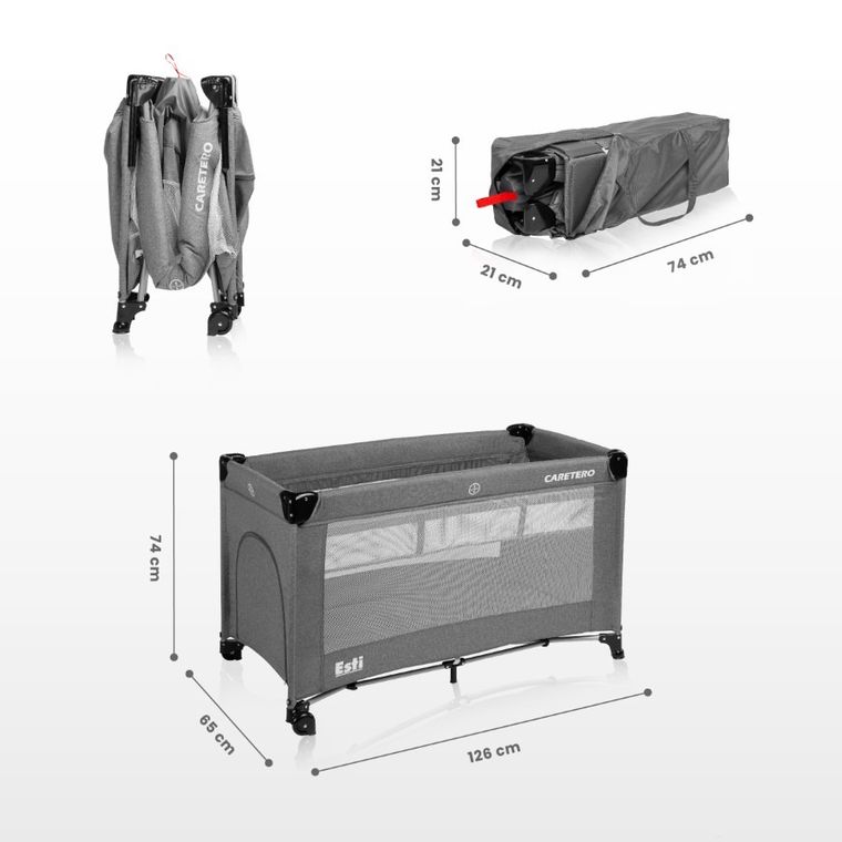 Caretero, Esti, łóżeczko turystyczne z opuszczanym bokiem, Black