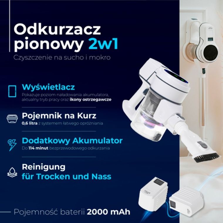 Adler, odkurzacz pionowy do czyszczenia na sucho i na mokro do podłóg twardych