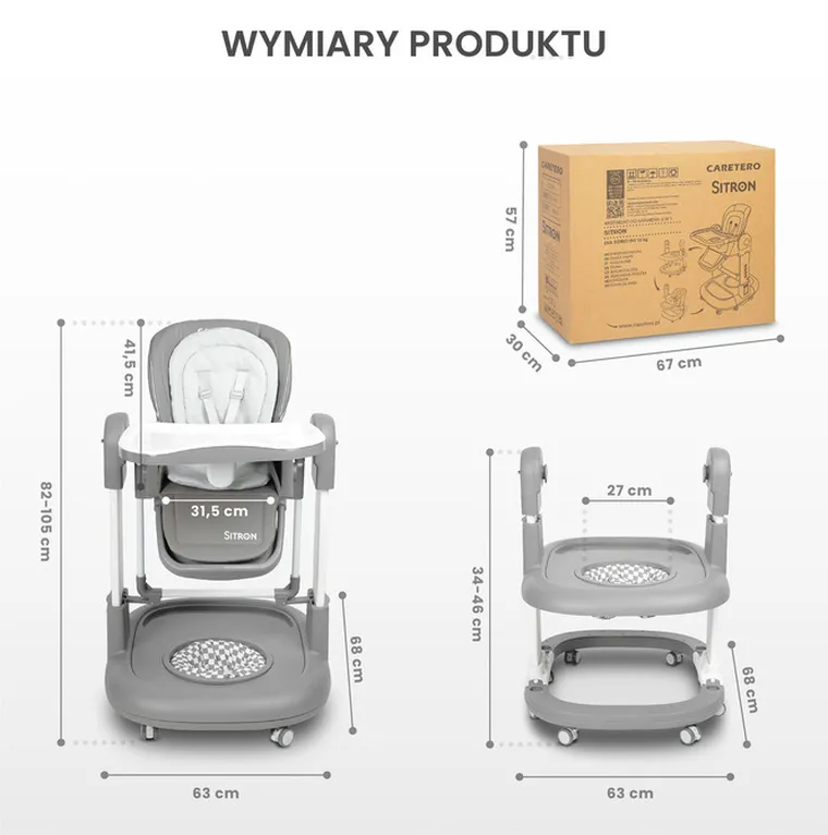 Caretero, Sitron 3w1, krzesełko do karmienia z funkcją huśtawki i chodzika, beige