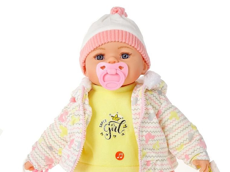 Adar, lalka bobas, w białej kurteczce ze wzorami, dźwięk, 45 cm