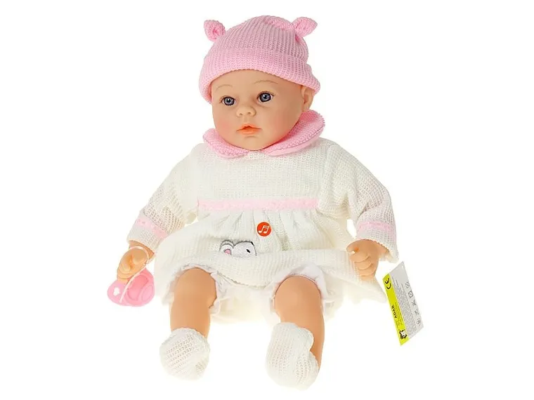 Adar, lalka bobas, w białej sukience, gumowe nogi, dźwięk, 45 cm