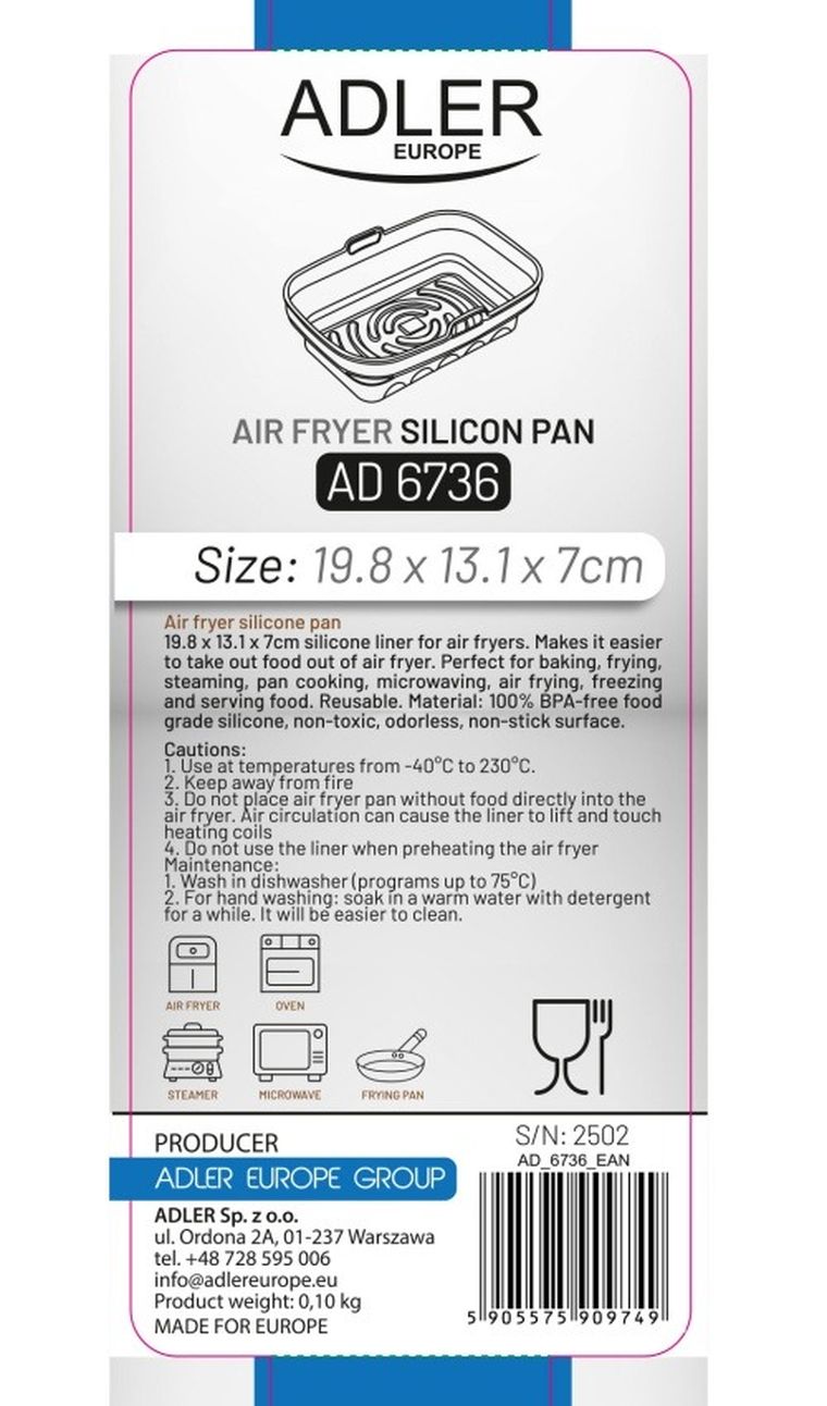 Adler, tacka do frytkownicy beztłuszczowej, silikonowa, prostokątna, 19,8-13,1 cm