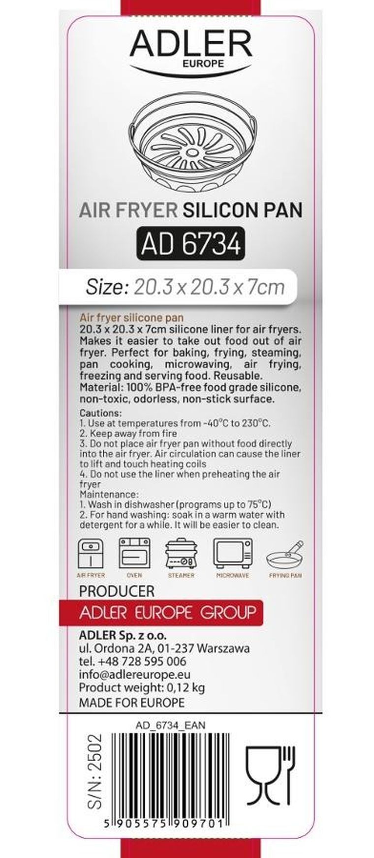 Adler, wkład do frytkownicy, silikonowy, okrągły, 20,3 cm