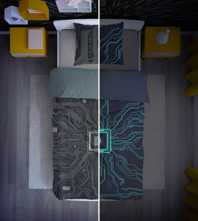 AI, Fluo, 2-częściowy komplet pościeli bawełnianej, świecąca w ciemności, 160-200 cm