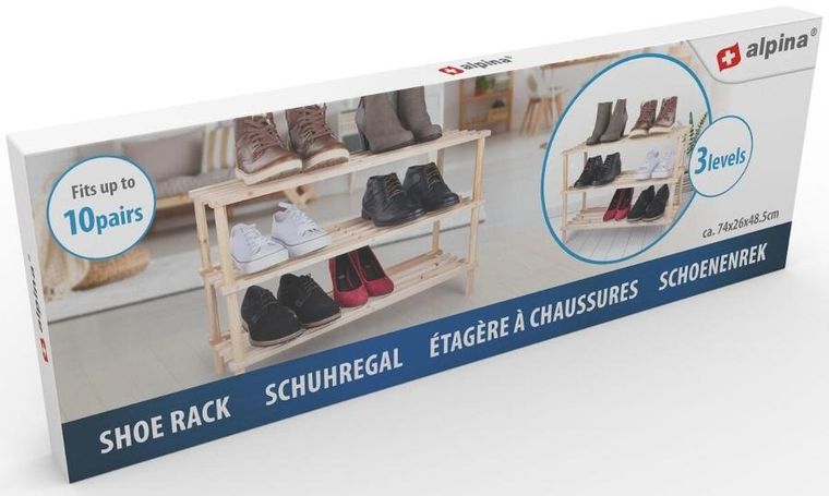 Alpina, drewniany regał na buty, 3-poziomowy