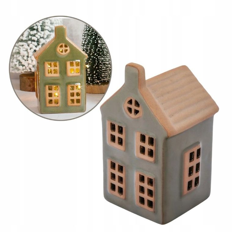 Altom Design, domek porcelanowy LED, khaki, 6,5-6-11 cm