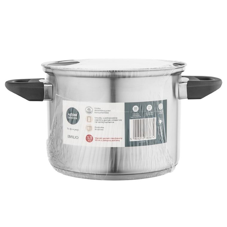 Altom Design, Emilio, wysoki garnek nierdzewny z pokrywą szklaną, 3,3l, 18 cm