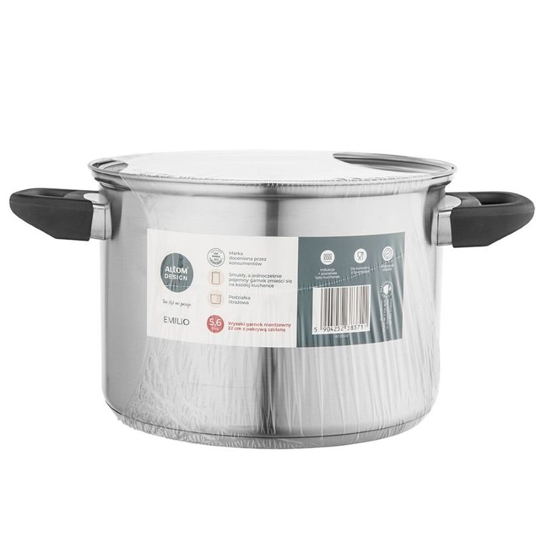 Altom Design, Emilio, wysoki garnek nierdzewny z pokrywą szklaną, 5,6l, 22 cm