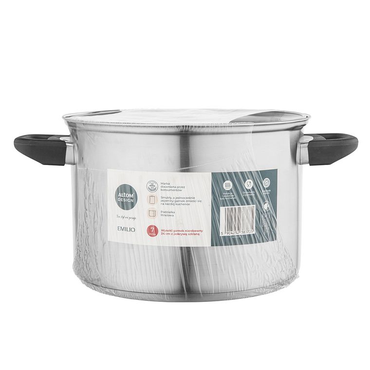 Altom Design, Emilio, wysoki garnek nierdzewny z pokrywą szklaną, 7l, 24 cm