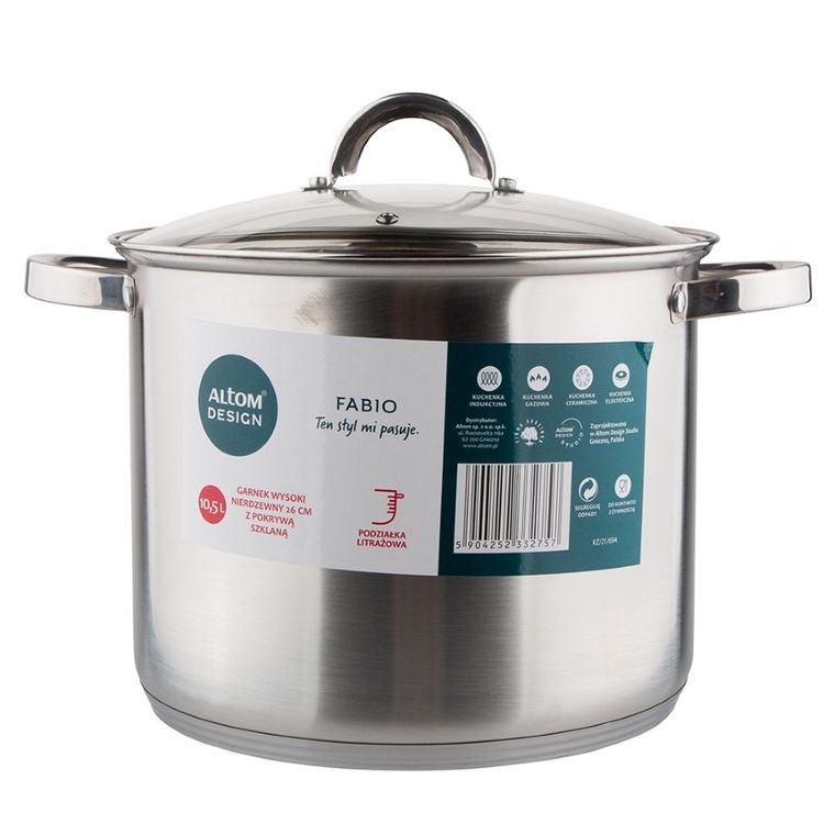 Altom Design, Fabio, garnek wysoki nierdzewny z pokrywą szklaną, 10,5l, 26 cm