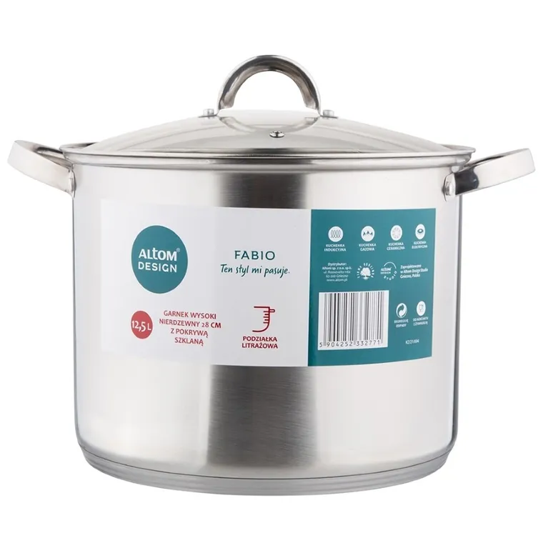 Altom Design, Fabio, garnek wysoki nierdzewny z pokrywą szklaną, 12,5l, 28 cm