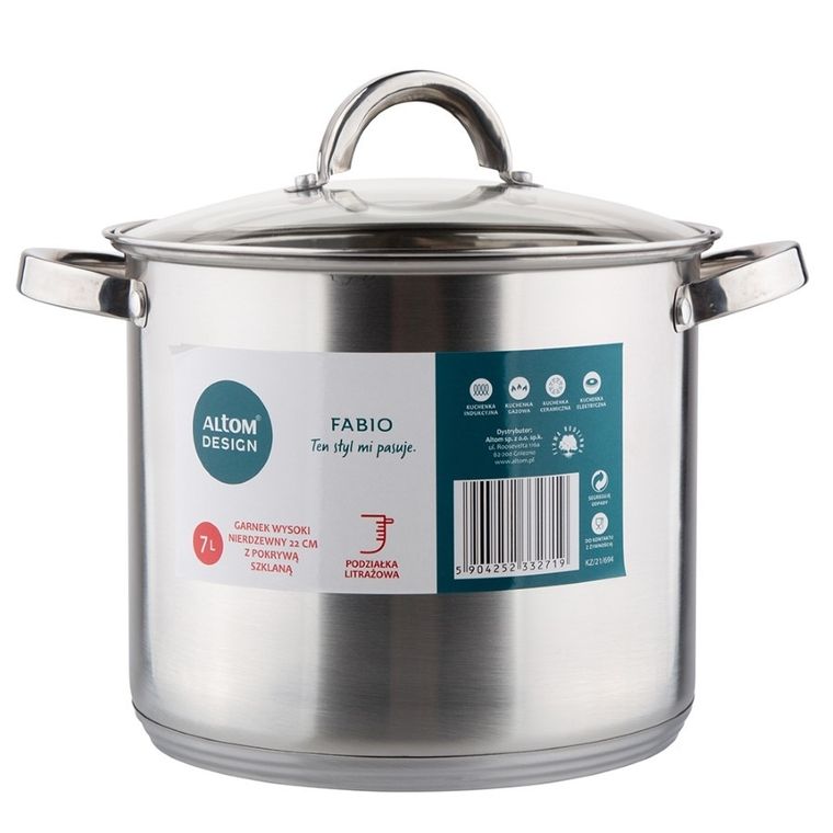 Altom Design, Fabio, garnek wysoki nierdzewny z pokrywą szklaną, 7l, 22 cm