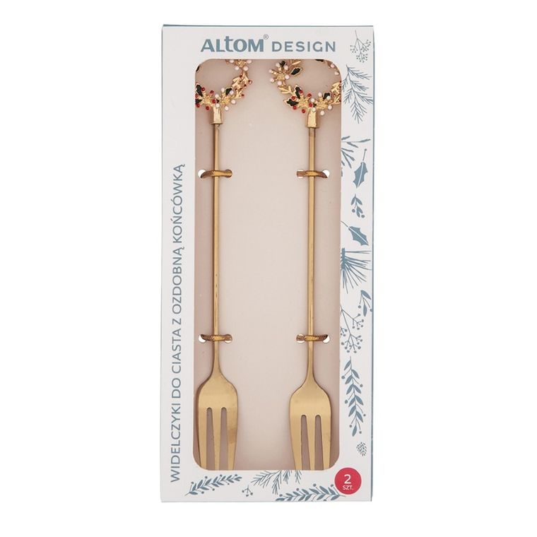 Altom Design, komplet 2 widelczyków do ciasta z ozdobną końcówką, Świąteczny Wianek, złoty